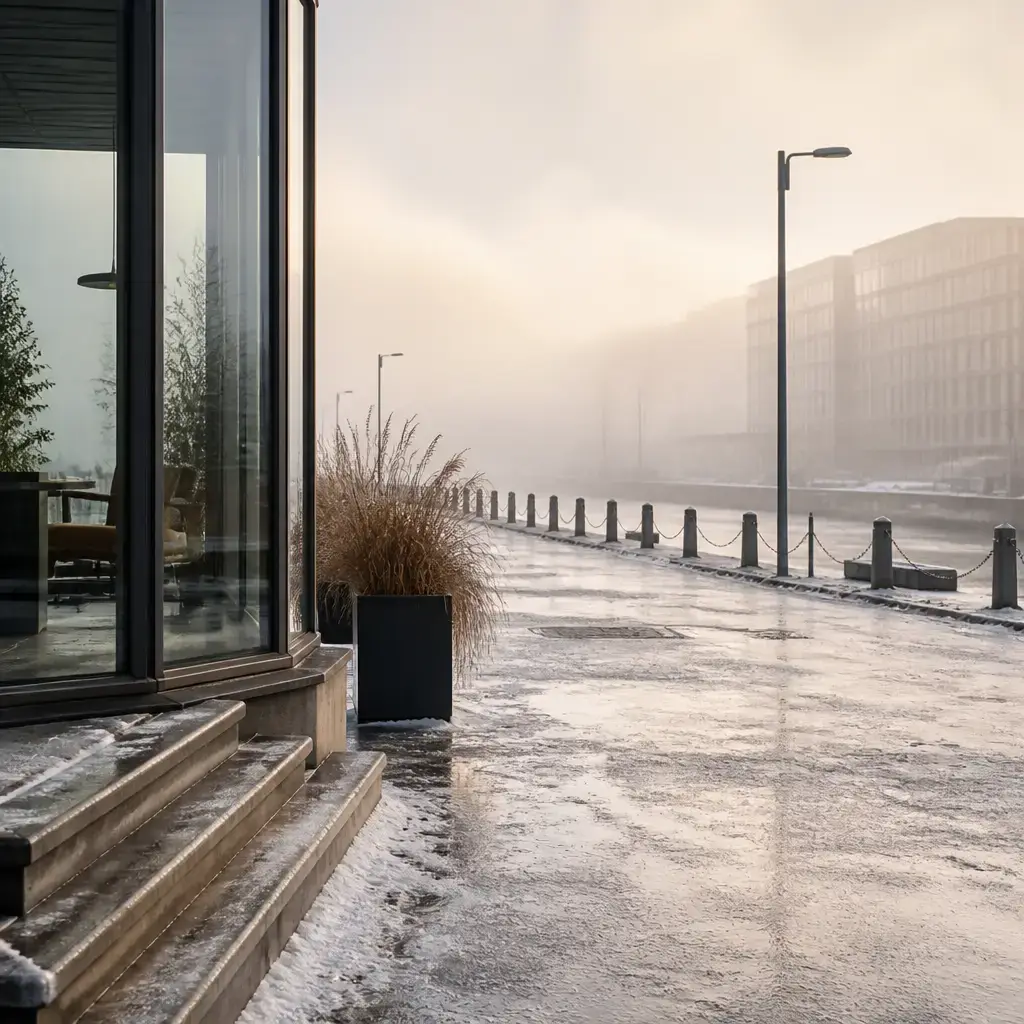 Danish lesson set in a contemporary Copenhagen everyday setting: On an icy morning with poor visibility, two adults discuss changing an in-person meeting to an online option or a safer time..
