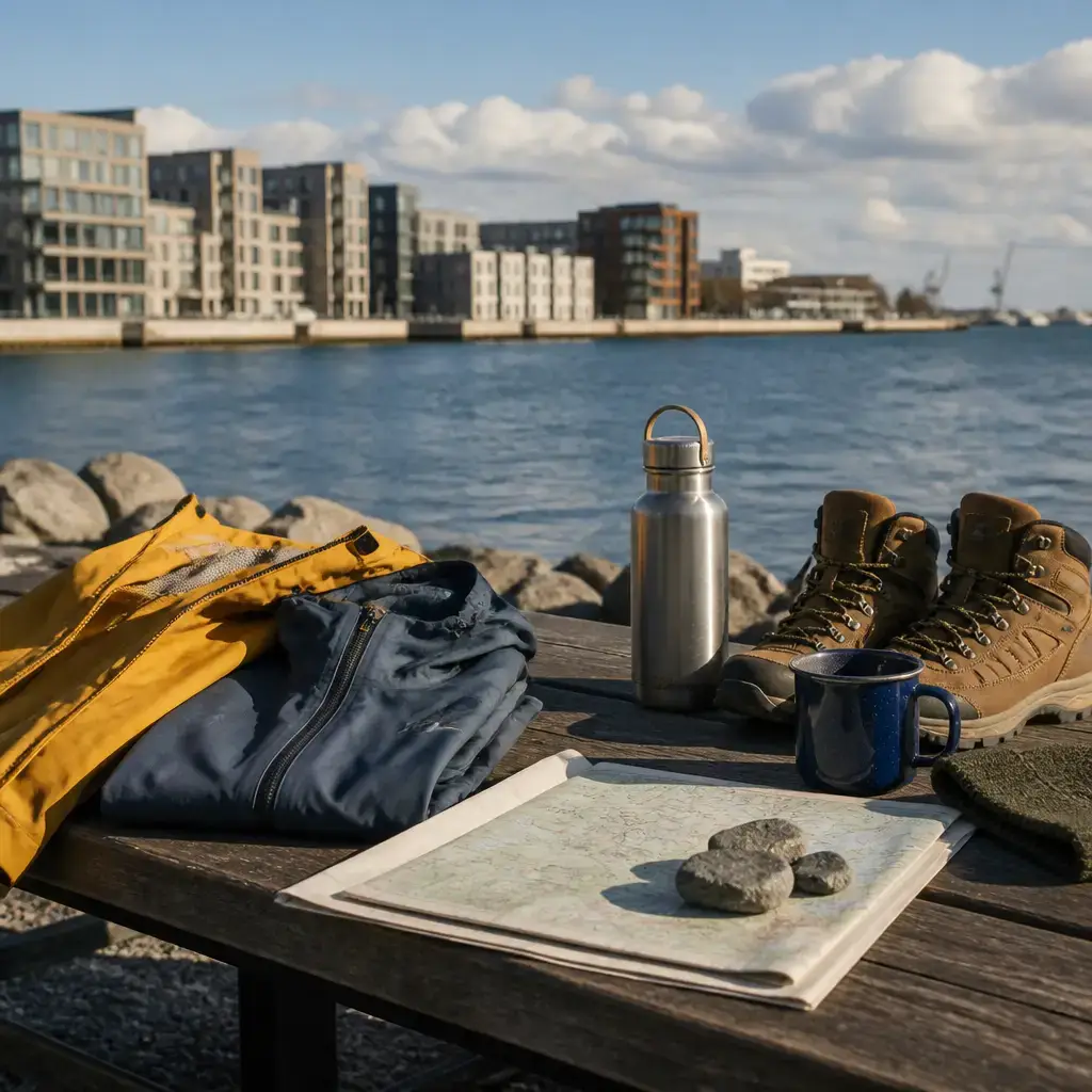 Danish lesson set in a contemporary Copenhagen everyday setting: Before a hike, two adults plan clothing, trail safety, and a turn-back point because the weather may change..