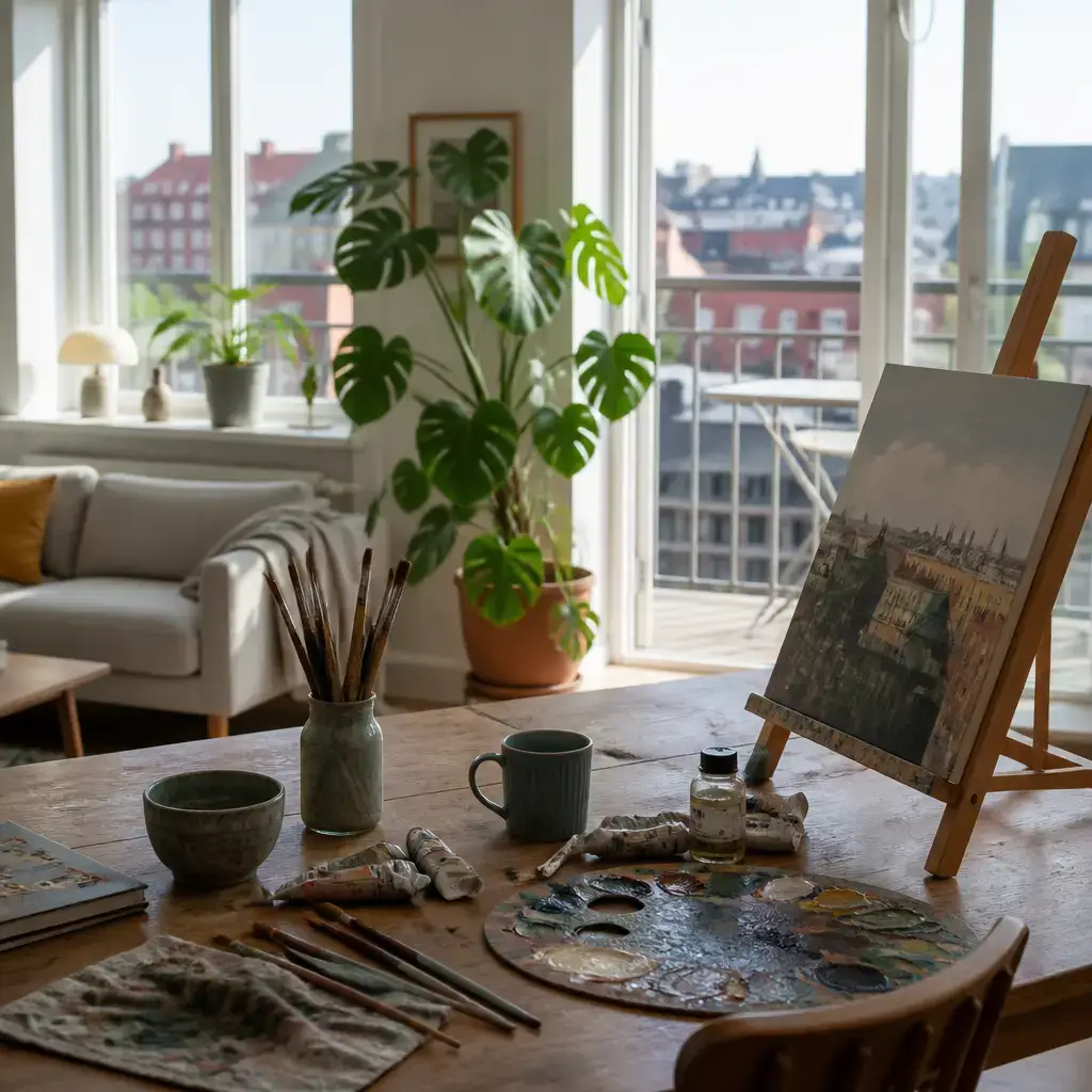 Danish lesson set in a contemporary Copenhagen everyday setting: At home, two adults discuss whether a painting class has become too much pressure and consider pausing or practicing casually..