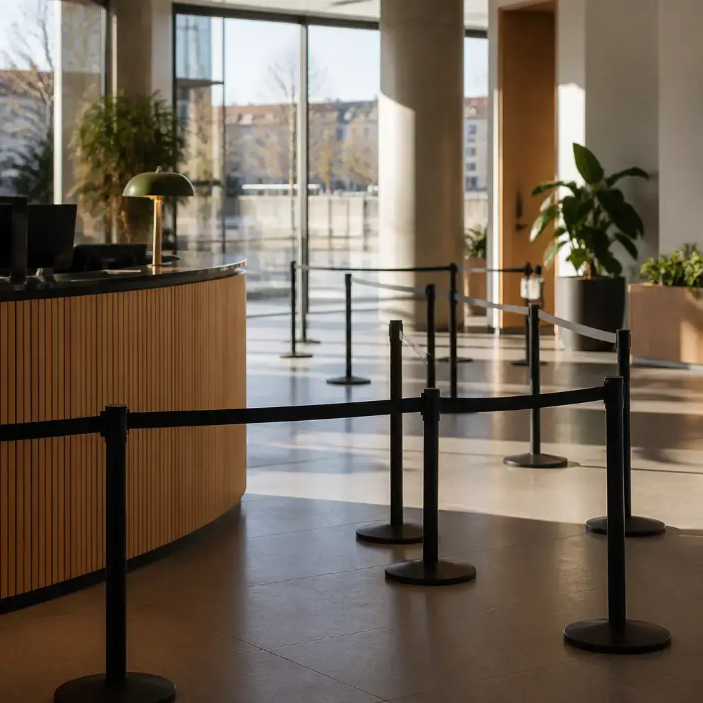 Danish lesson set in a contemporary Copenhagen everyday setting: In a service area, a person checks which line is right for a detailed request before waiting in the wrong place..