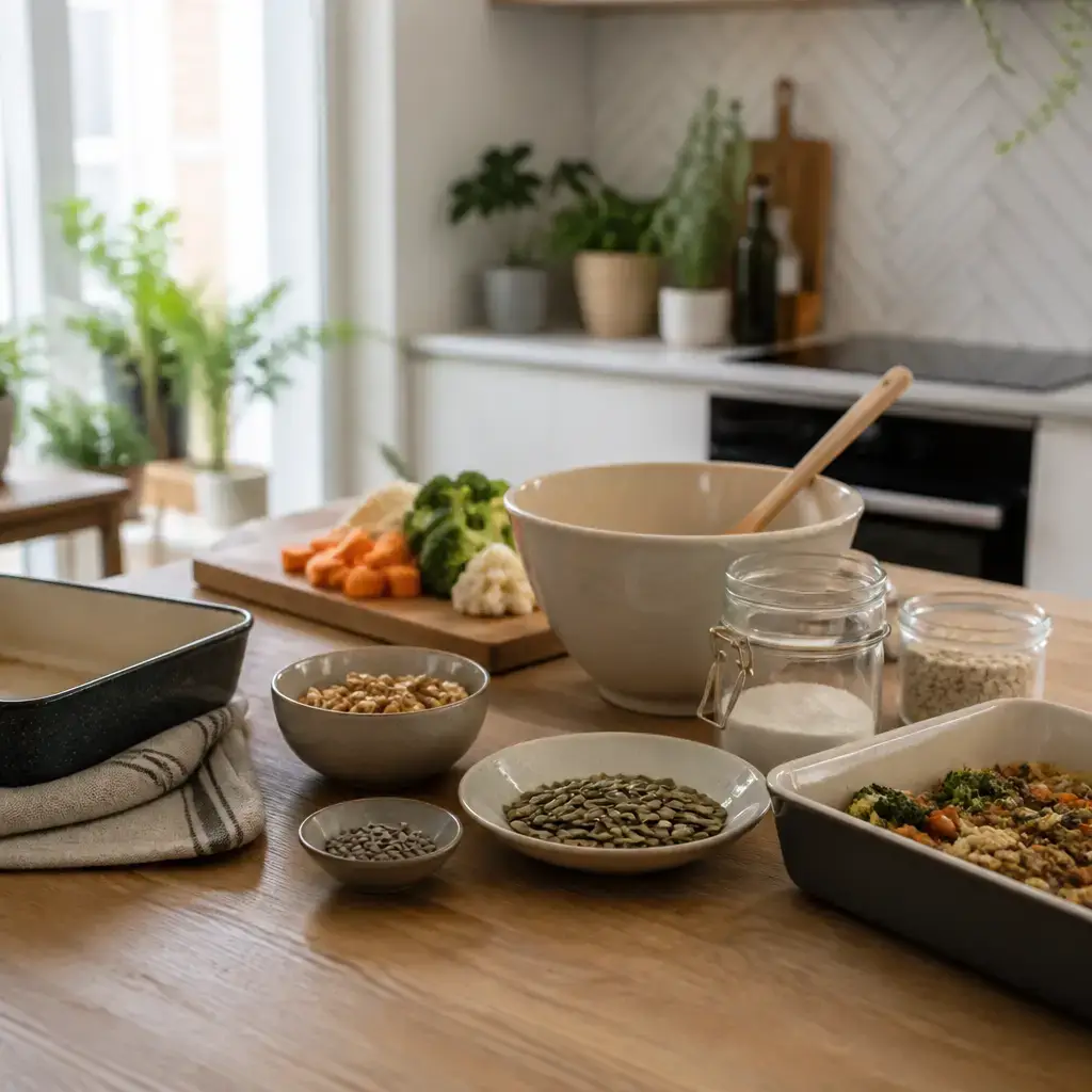 Danish lesson set in a contemporary Copenhagen everyday setting: Before cooking at home, two adults check ingredients, avoid walnuts for an allergy, and choose seeds as a substitute..
