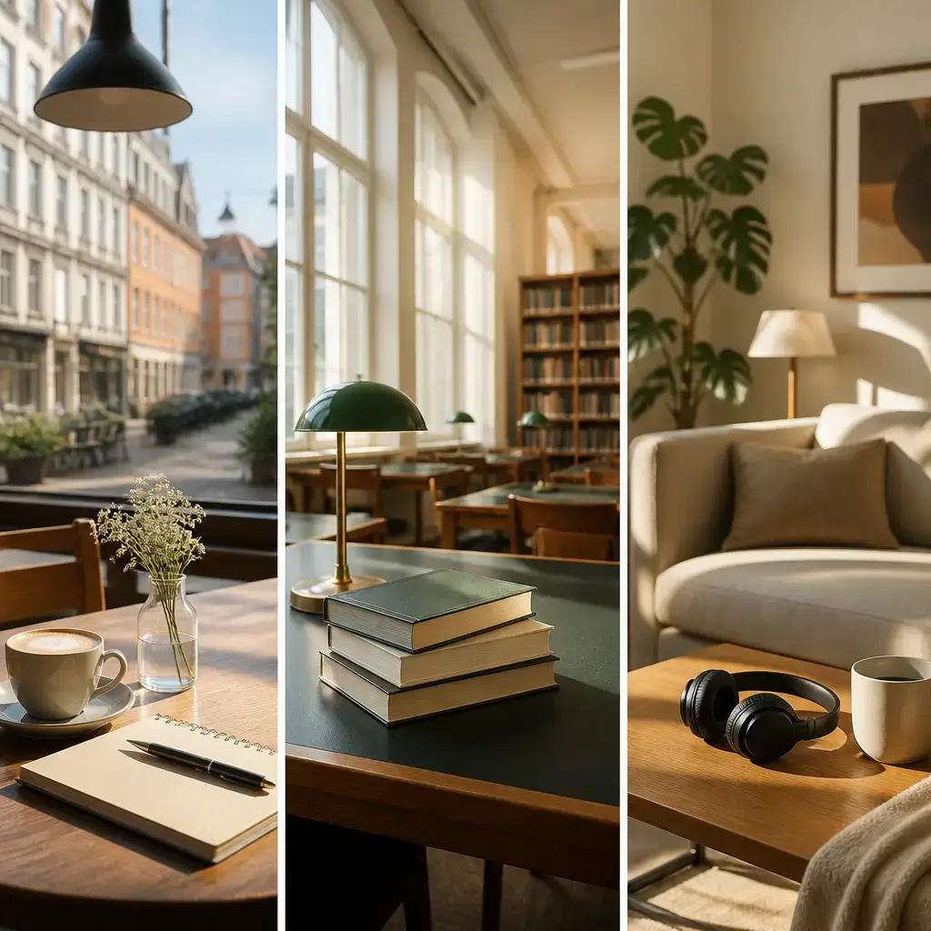 Danish lesson set in a contemporary Copenhagen everyday setting: While planning study time, two adults compare a cafe, a library, and home for different learning tasks..