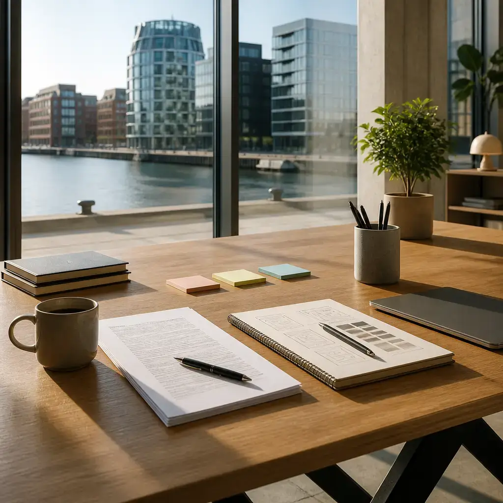 Danish lesson set in a contemporary Copenhagen everyday setting: At work, two adults prioritize an email, a report, and a design review by urgency, impact, and teammate dependencies..