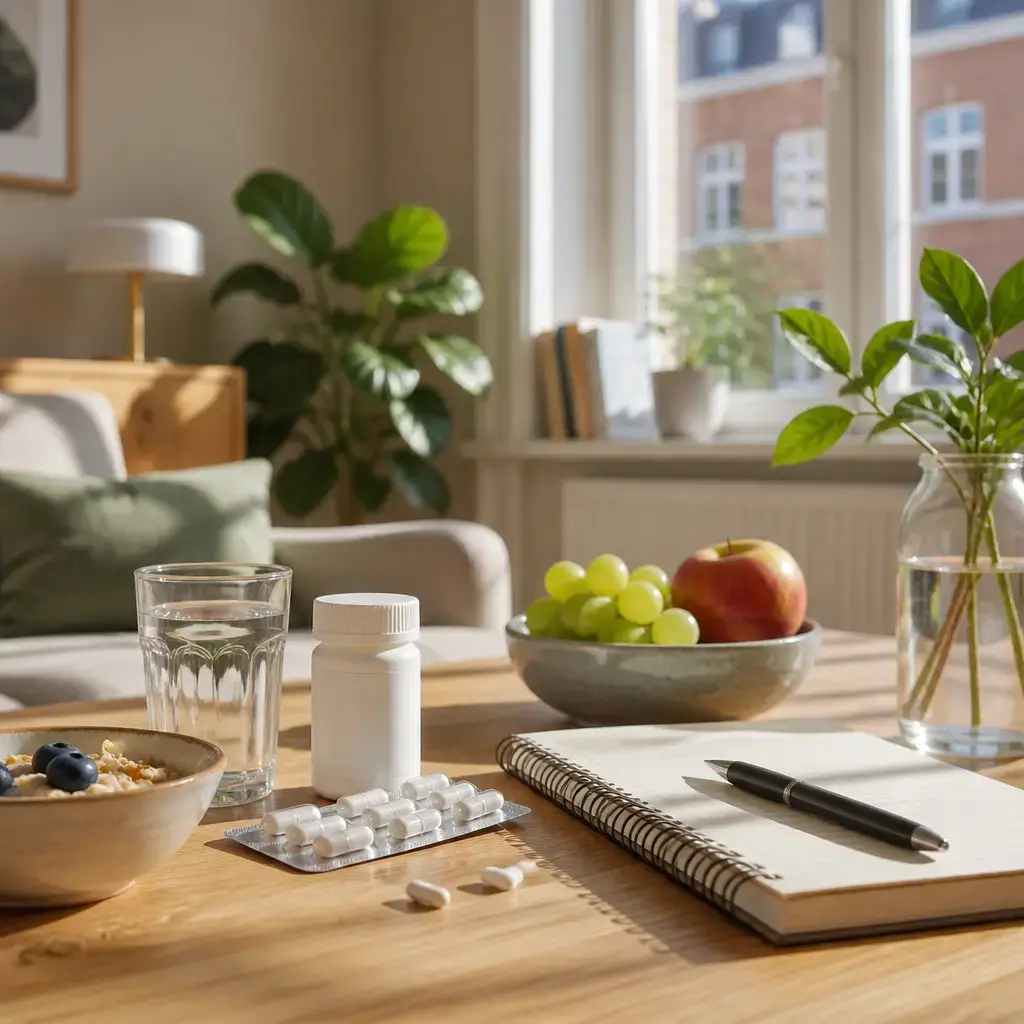Danish lesson set in a contemporary Copenhagen everyday setting: At home, two adults prepare questions for a pharmacist about a medicine label, food cautions, side effects, and warning signs..