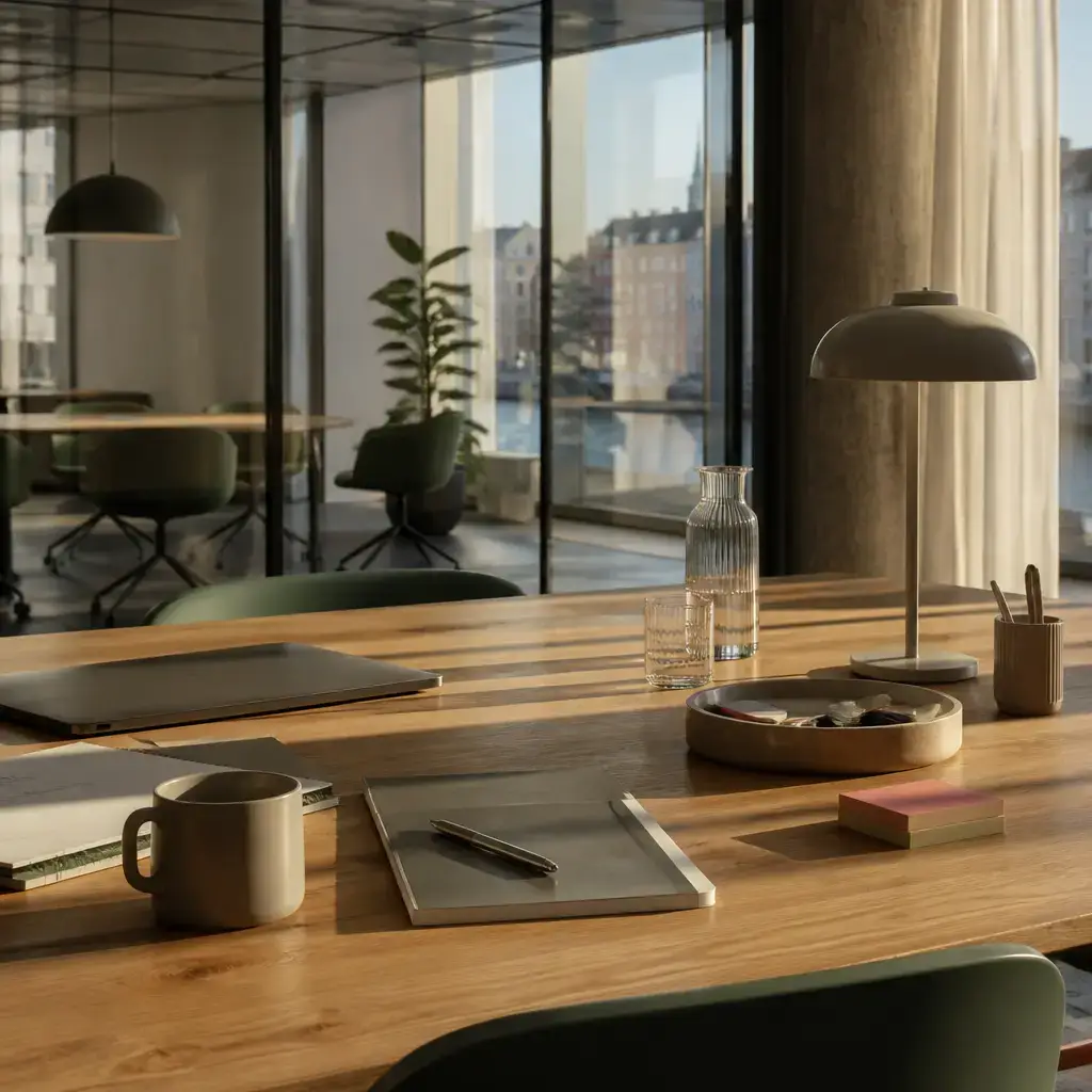 Danish lesson set in a contemporary Copenhagen everyday setting: In a shared office, two adults plan how to resolve a double-booked meeting room with a brief use request and a fair compromise..