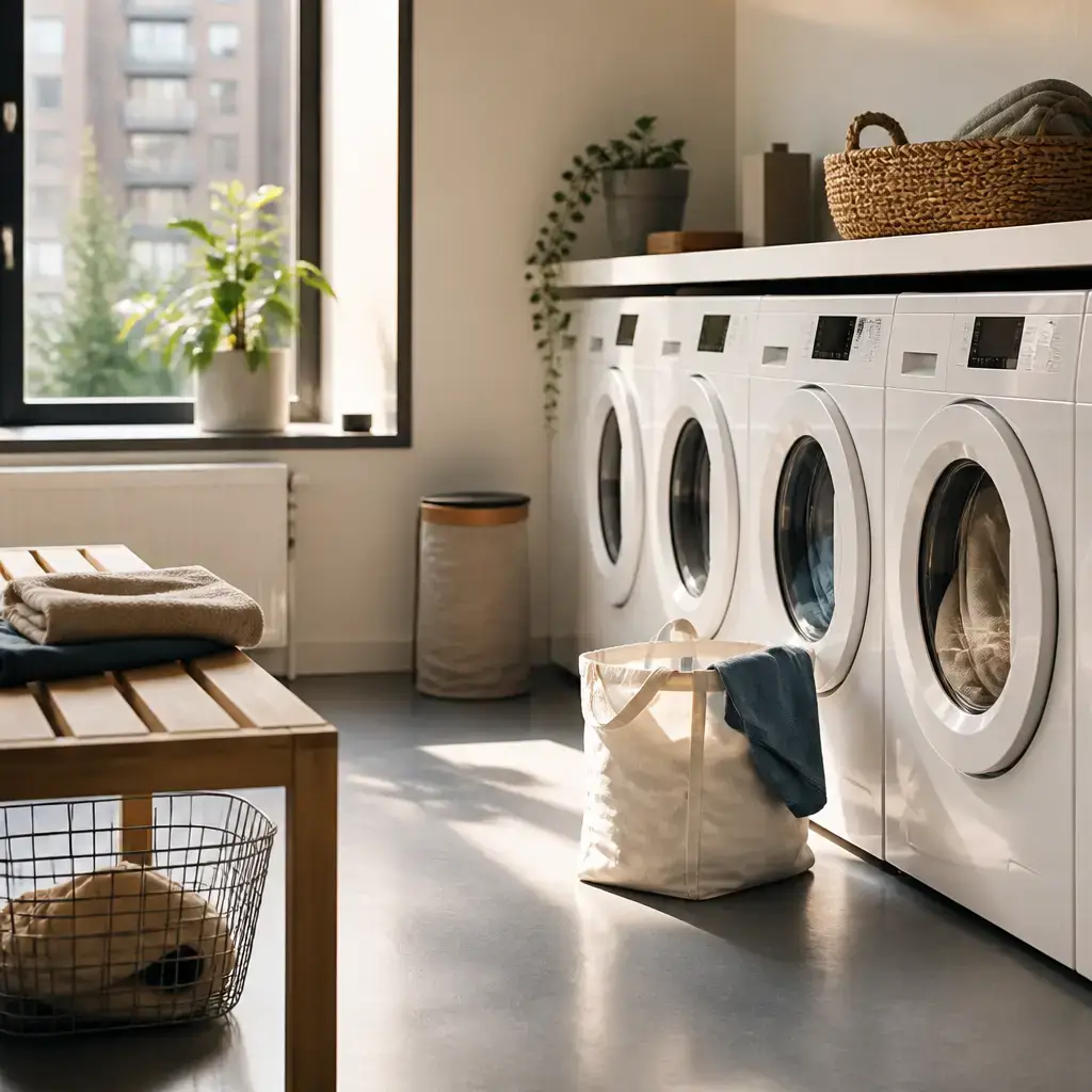 Danish lesson set in a contemporary Copenhagen everyday setting: In a shared laundry room, two adults discuss waiting for a machine, moving abandoned laundry fairly, and tracking cycle times..