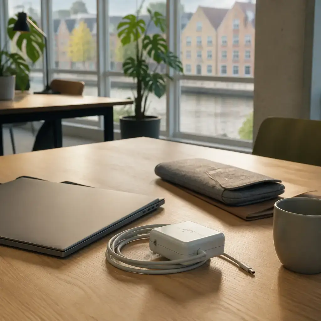 Danish lesson set in a contemporary Copenhagen everyday setting: In a shared workspace, one person borrows a laptop charger briefly while confirming when and where it should be returned..