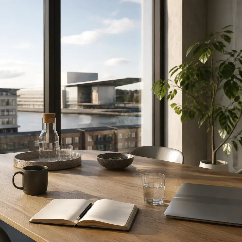 Danish lesson set in a contemporary Copenhagen everyday setting: During a remote project meeting, two coworkers discuss a risky timeline and plan to use testing evidence before making a decision..