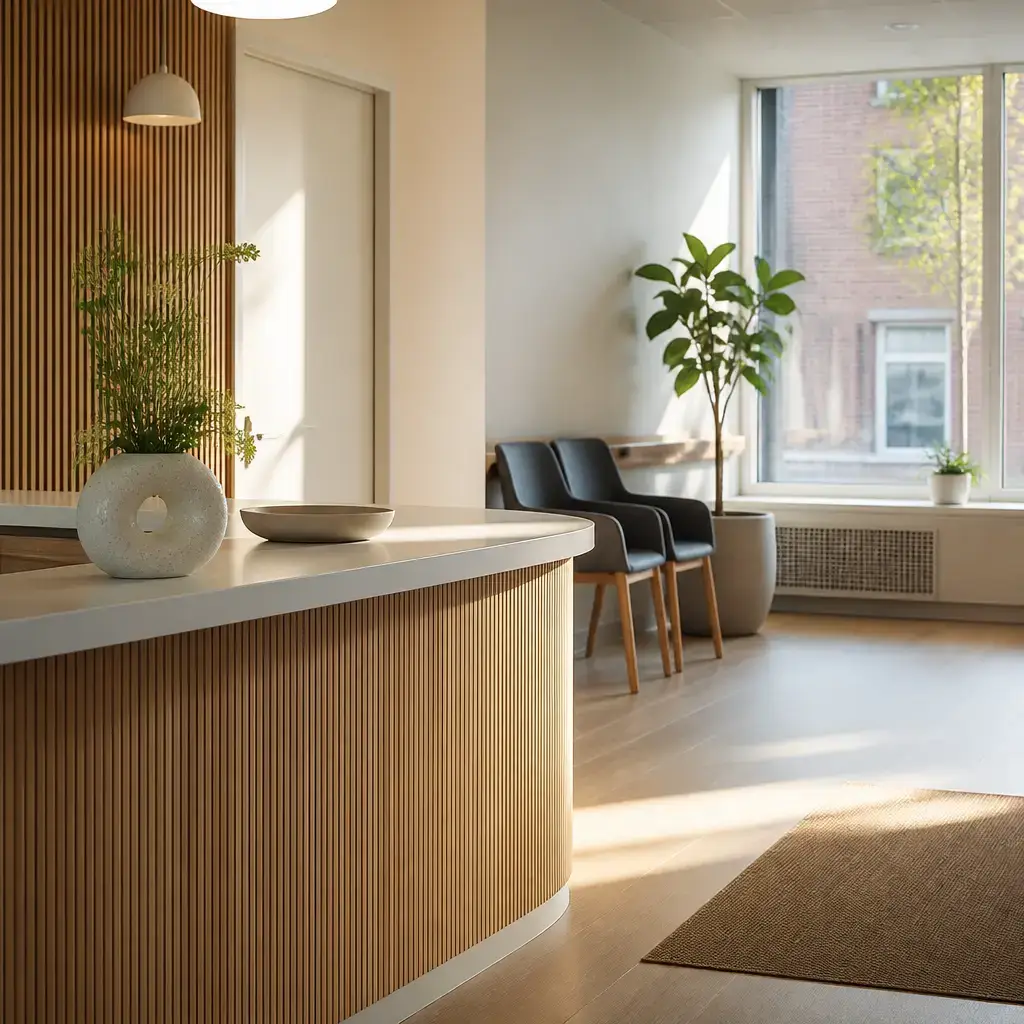 Danish lesson set in a contemporary Copenhagen everyday setting: At a clinic reception, one adult describes mild discomfort, when it happens, and how it affects concentration at work..