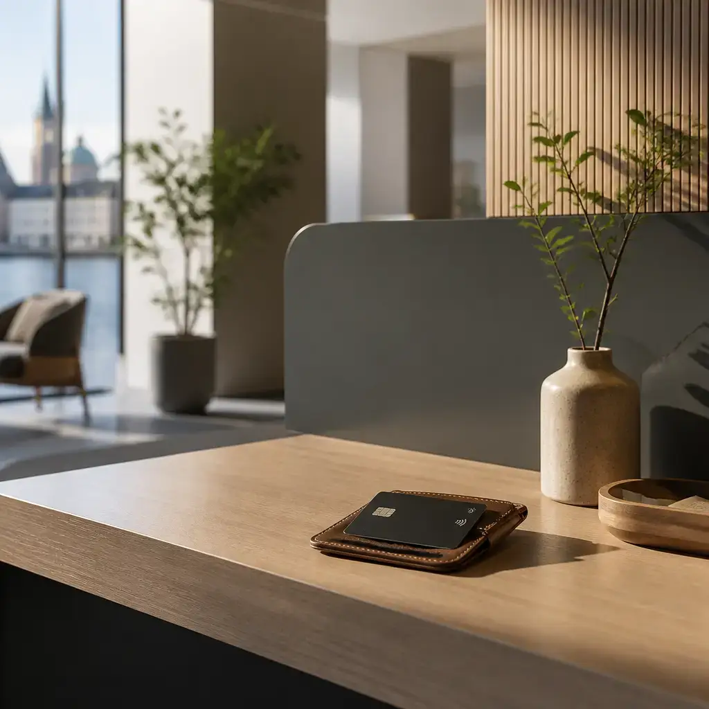 Danish lesson set in a contemporary Copenhagen everyday setting: At a banking support desk, one adult asks why a payment card was blocked and how identity can be verified without reviewing every purchase..