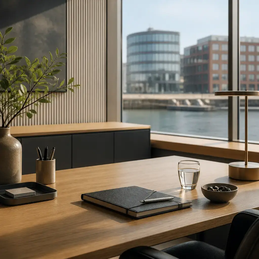 Danish lesson set in a contemporary Copenhagen everyday setting: At a banking support desk, two adults discuss organizing account activity so recurring services and unusual payments are easier to notice..