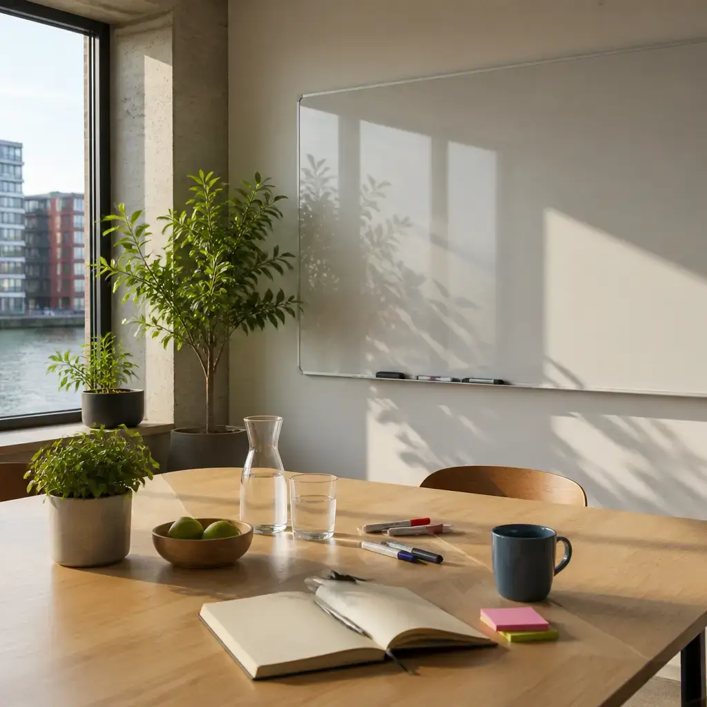 Danish lesson set in a contemporary Copenhagen everyday setting: In a workplace feedback session, two colleagues discuss how a tense priority debate can be made clearer with a dependency map..