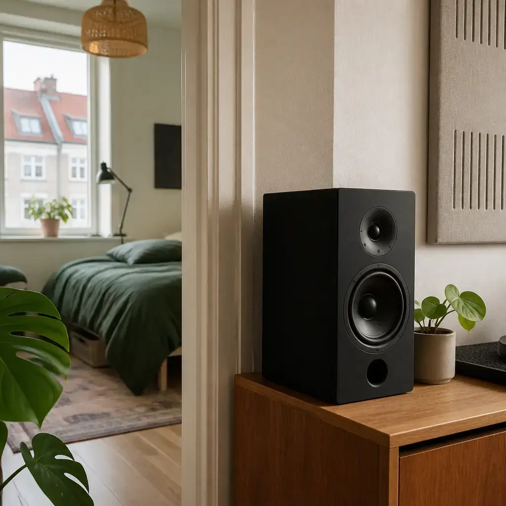 Danish lesson set in a contemporary Copenhagen everyday setting: In a shared building, one neighbor calmly explains that music carries through the wall late at night and agrees on practical adjustments..