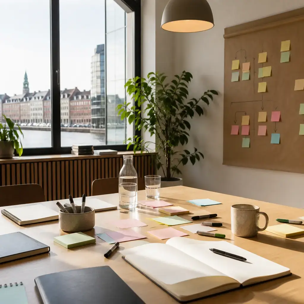 Danish lesson set in a contemporary Copenhagen everyday setting: While planning a professional workshop, two colleagues shape an interactive structure around clear outcomes and practical scenarios..