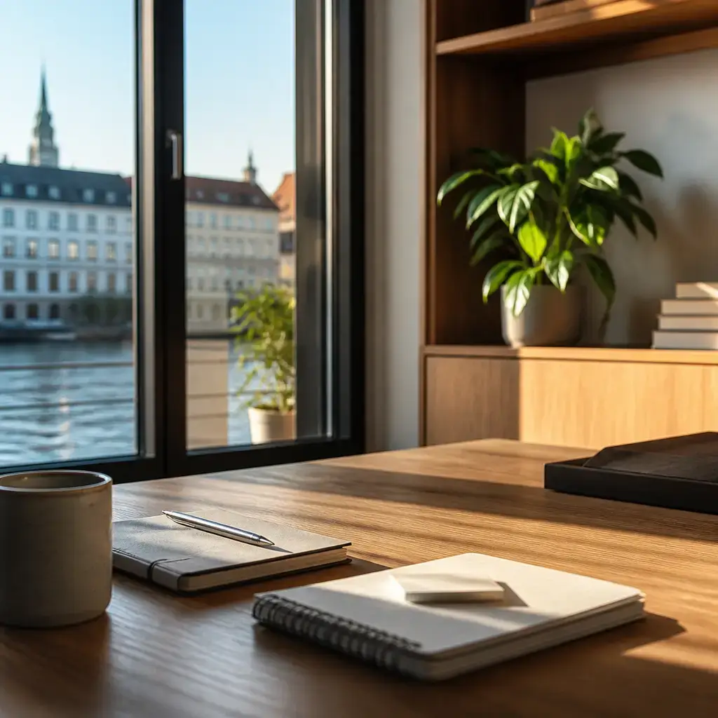 Danish lesson set in a contemporary Copenhagen everyday setting: In a software support exchange, a customer explains why saved dashboard views would help weekly reviews and asks about sharing them with teammates..