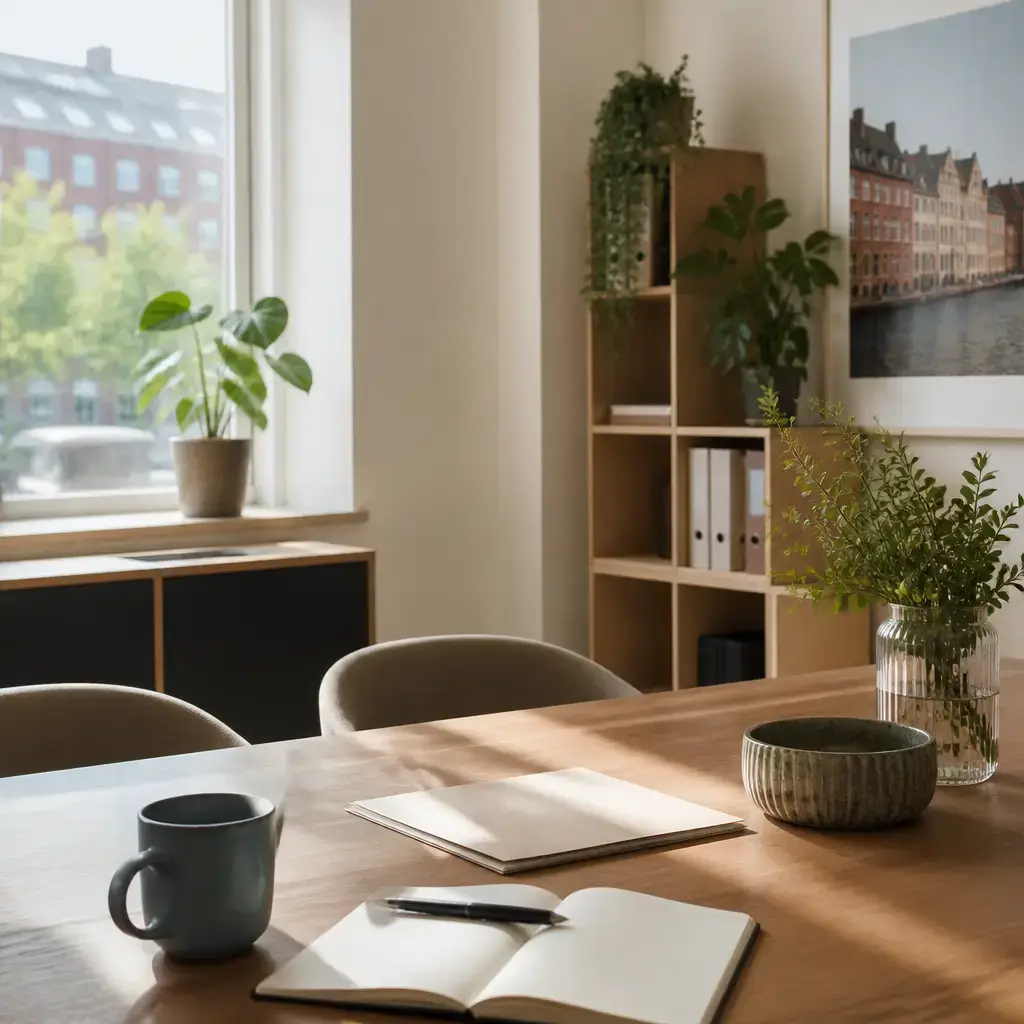 Danish lesson set in a contemporary Copenhagen everyday setting: In a housing office discussion, a tenant asks whether a gradually loosened fixture is routine maintenance and how to document the repair request..