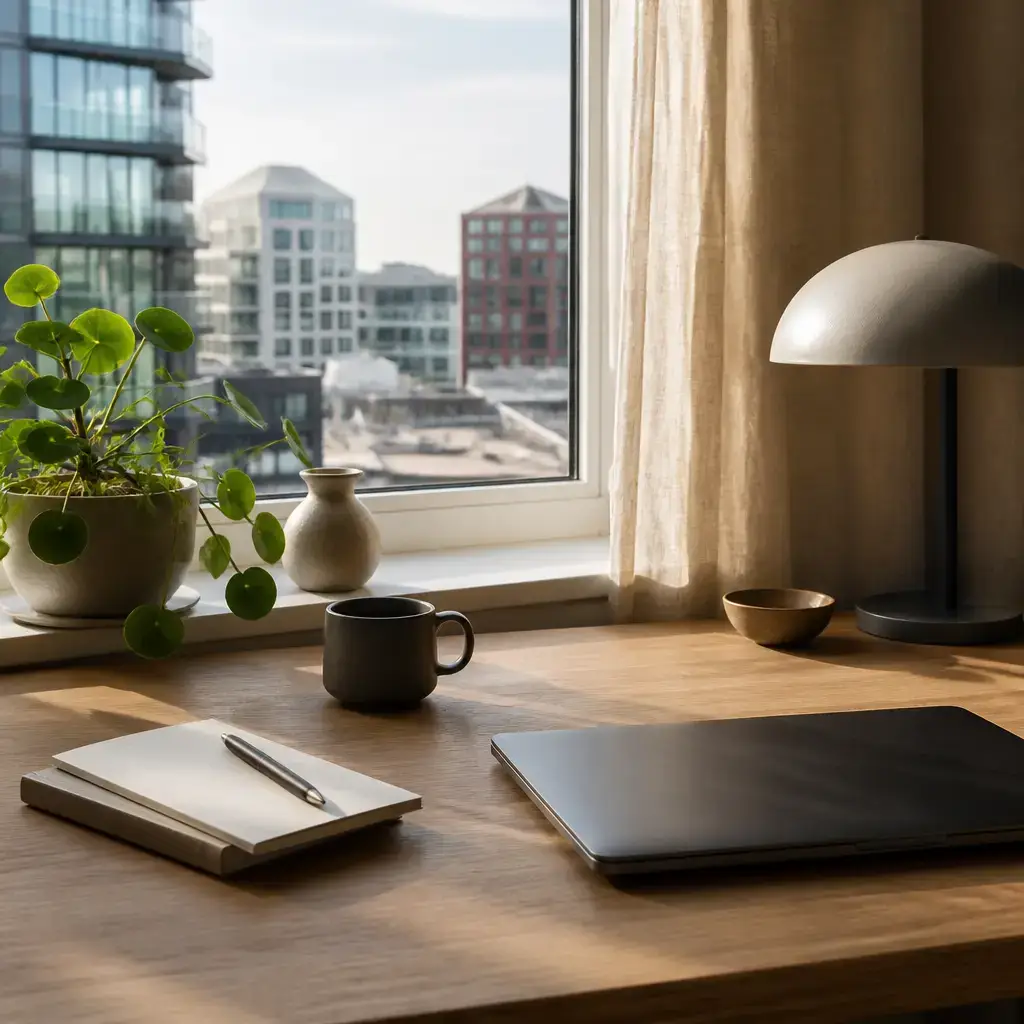Danish lesson set in a contemporary Copenhagen everyday setting: In a remote work discussion, two adults clarify that after-hours messages need urgency labels so focused time is protected..