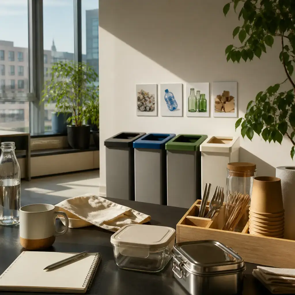 Danish lesson set in a contemporary Copenhagen everyday setting: At work, two adults discuss clearer recycling labels, visible sorting examples, and reducing disposable supplies through practical procurement changes..