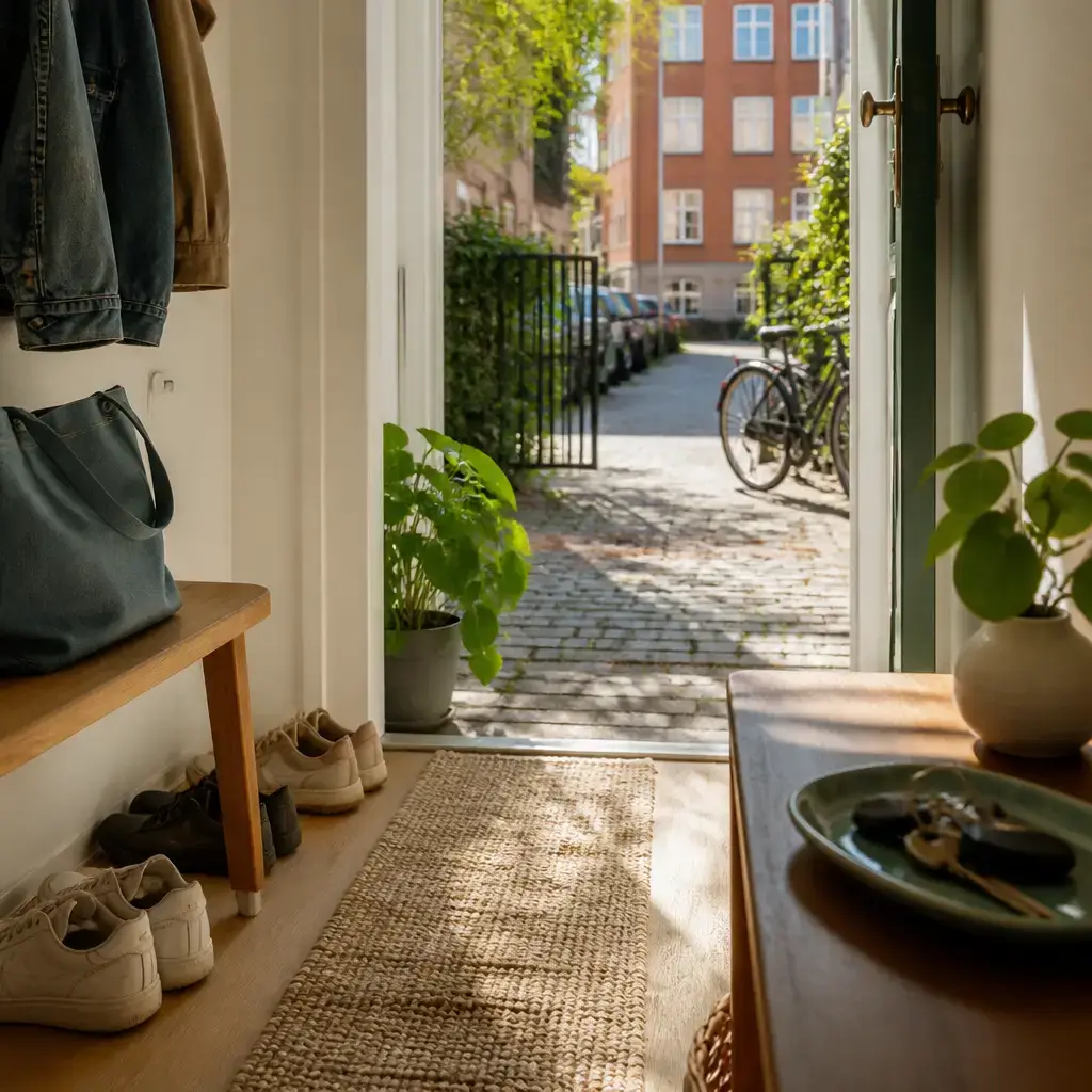 German lesson set in a contemporary Berlin everyday setting: A beginner practices six useful English phrases about basic movement, home, and neighborhood..