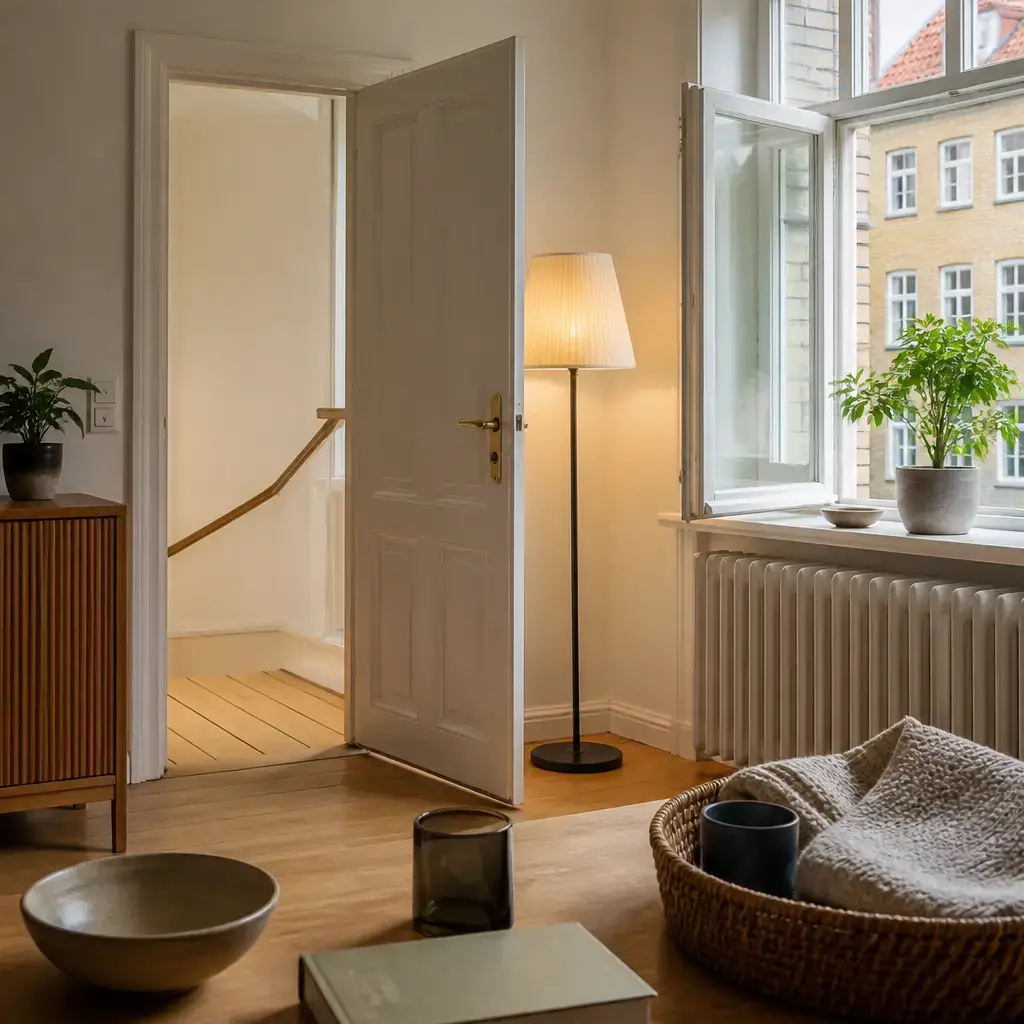 German lesson set in a contemporary Berlin everyday setting: A beginner practices six useful English phrases about basic home actions and choices..