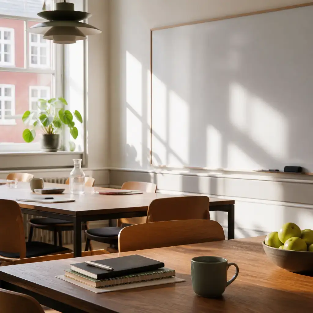 German lesson set in a contemporary Berlin everyday setting: Before a language lesson, two adults meet, ask whether one person has been to class before, and talk about the teacher..
