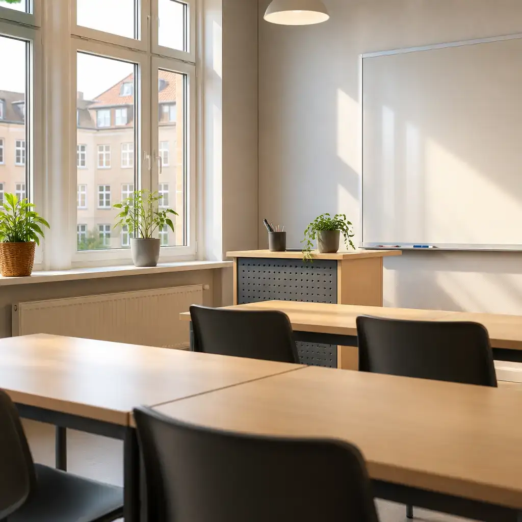 German lesson set in a contemporary Berlin everyday setting: In a language classroom, two adults talk about sitting near the front, hearing the teacher clearly, and focusing during class..