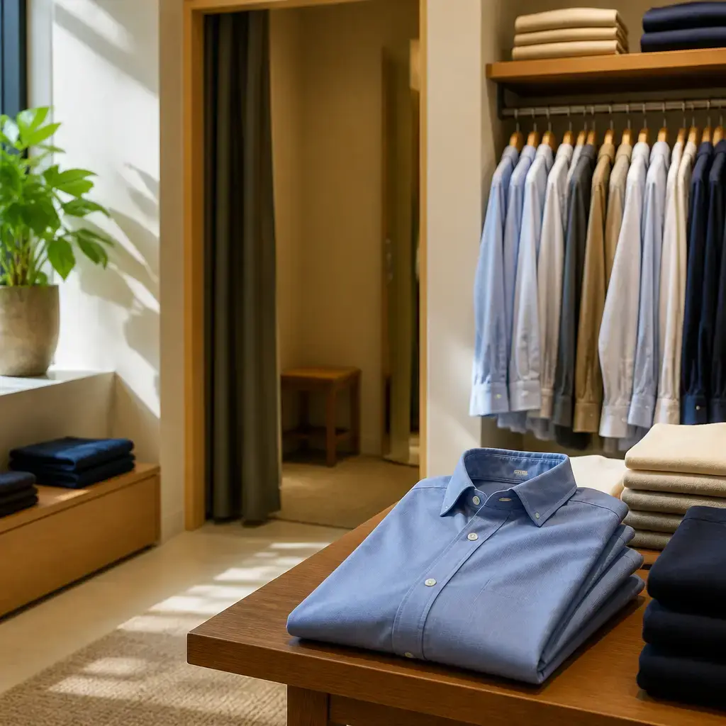 German lesson set in a contemporary Berlin everyday setting: In a clothing shop, a customer asks about a shirt, tries it on, and checks the fit..