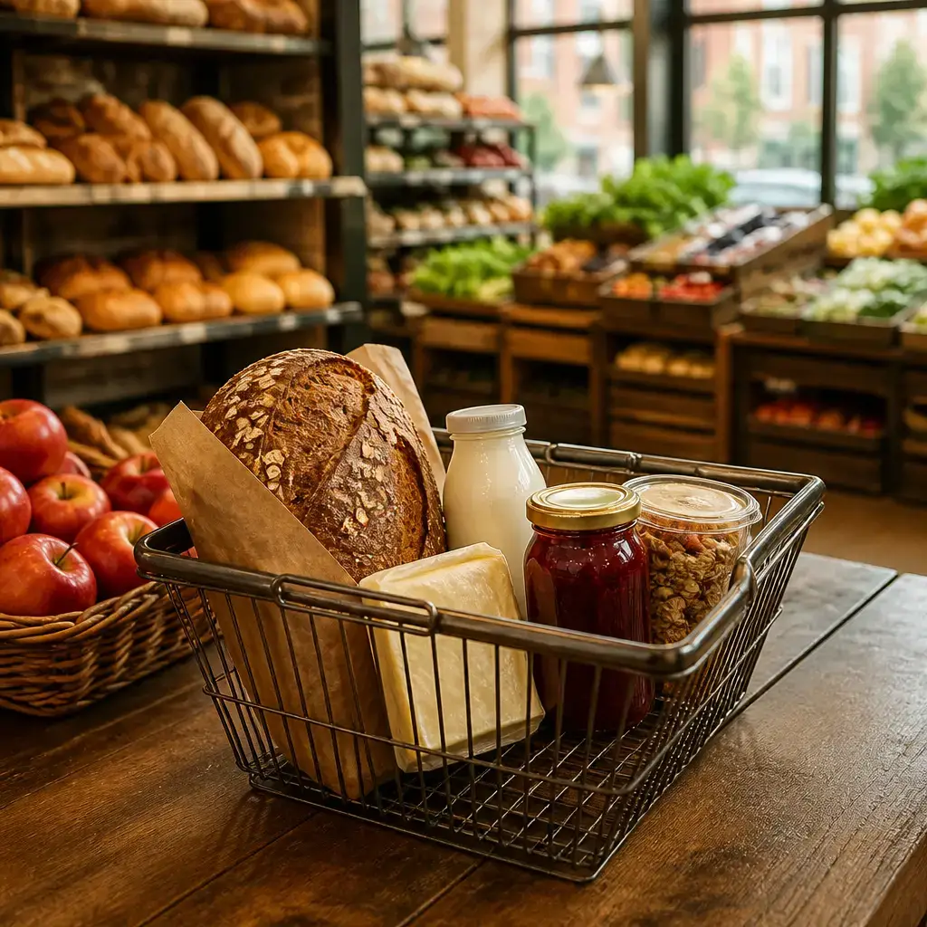 German lesson set in a contemporary Berlin everyday setting: In a grocery shop, two adults decide which breakfast items to buy for tomorrow..