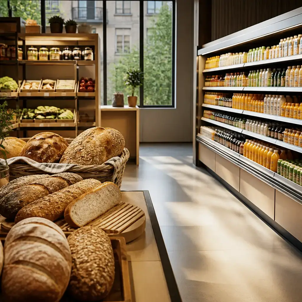 German lesson set in a contemporary Berlin everyday setting: In a grocery shop, two adults choose bread for breakfast and look for orange juice..