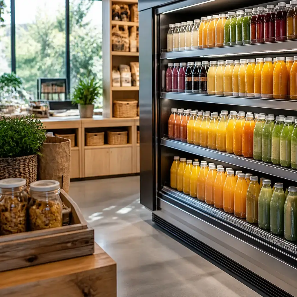 German lesson set in a contemporary Berlin everyday setting: In a shop, a customer asks staff where the juice is and chooses a recommended bottle..