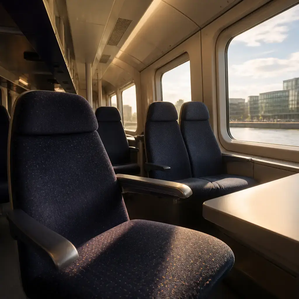 German lesson set in a contemporary Berlin everyday setting: Inside a train, two adults find seats, check the station display, and rest before getting off..