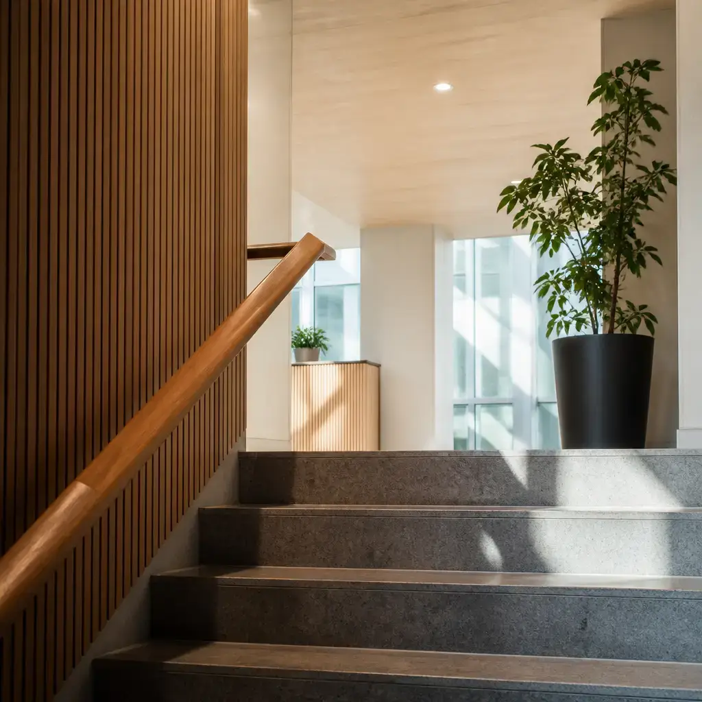 German lesson set in a contemporary Berlin everyday setting: On the stairs inside a public building, two adults follow the event sign and prepare to reach the registration desk..