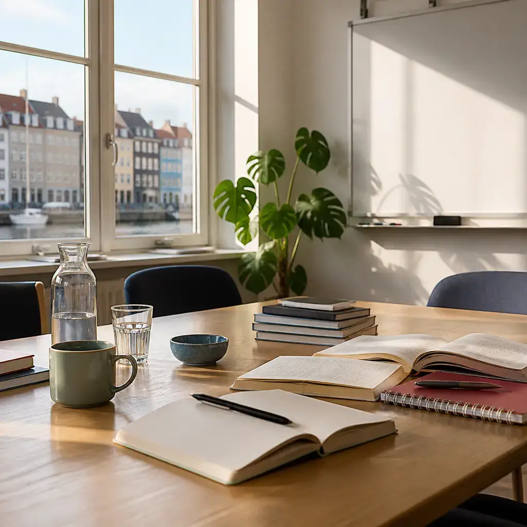 German lesson set in a contemporary Berlin everyday setting: In a language classroom, two adults practice a dialogue together, choose roles, and read a difficult line slowly..