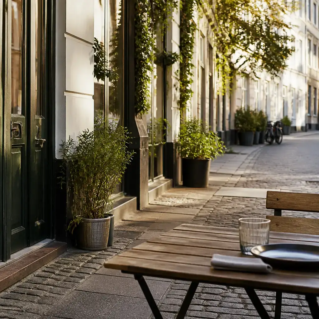German lesson set in a contemporary Berlin everyday setting: Before lunch, two friends choose a small restaurant, arrange where to meet, and plan to ask for a table..