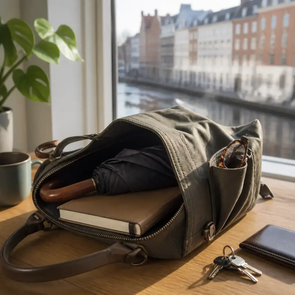 German lesson set in a contemporary Berlin everyday setting: In a daily life setting, two adults organize a bag so glasses, a notebook, and an umbrella are easier to find..