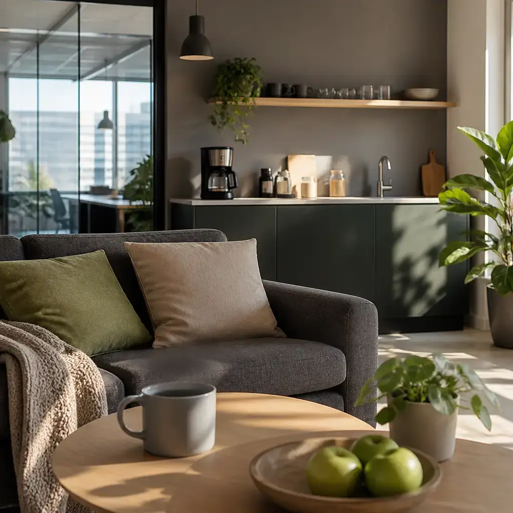 German lesson set in a contemporary Berlin everyday setting: In a workplace break room, two adults sit on a sofa, stretch, and plan to get coffee..