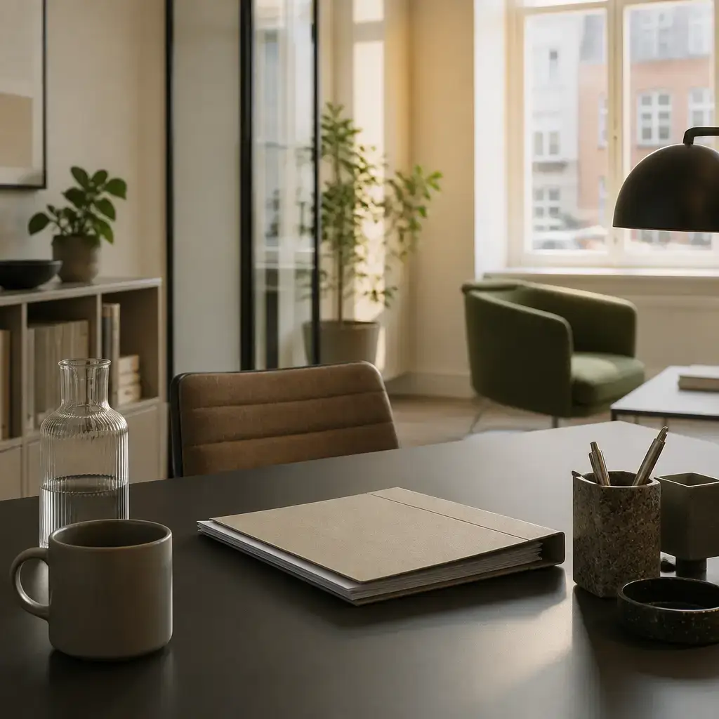 German lesson set in a contemporary Berlin everyday setting: After a break at work, two adults return to the desk and start the next task with a file..