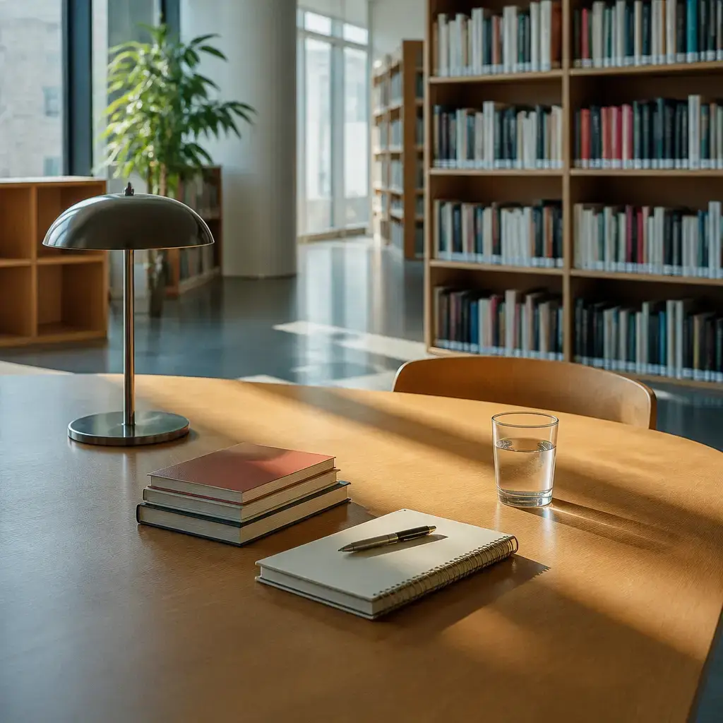 German lesson set in a contemporary Berlin everyday setting: In a library, one person asks whether a table is free and chooses a quiet place to study..