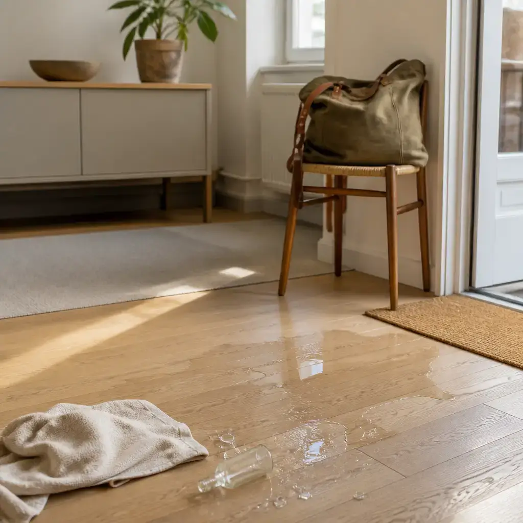 German lesson set in a contemporary Berlin everyday setting: In a room, two adults notice spilled water on the floor and move a bag before cleaning it up..