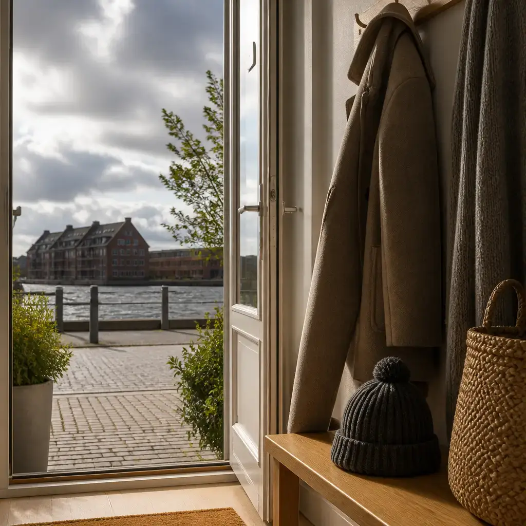 German lesson set in a contemporary Berlin everyday setting: Before a walk, two adults talk about cloudy, windy weather and getting a coat and hat before going outside..