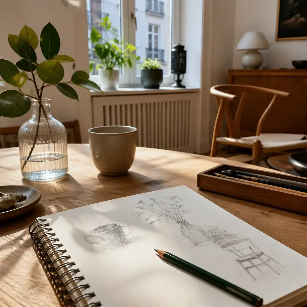 German lesson set in a contemporary Berlin everyday setting: At home, two adults talk about drawing in free time and trying the hobby with an old pencil..