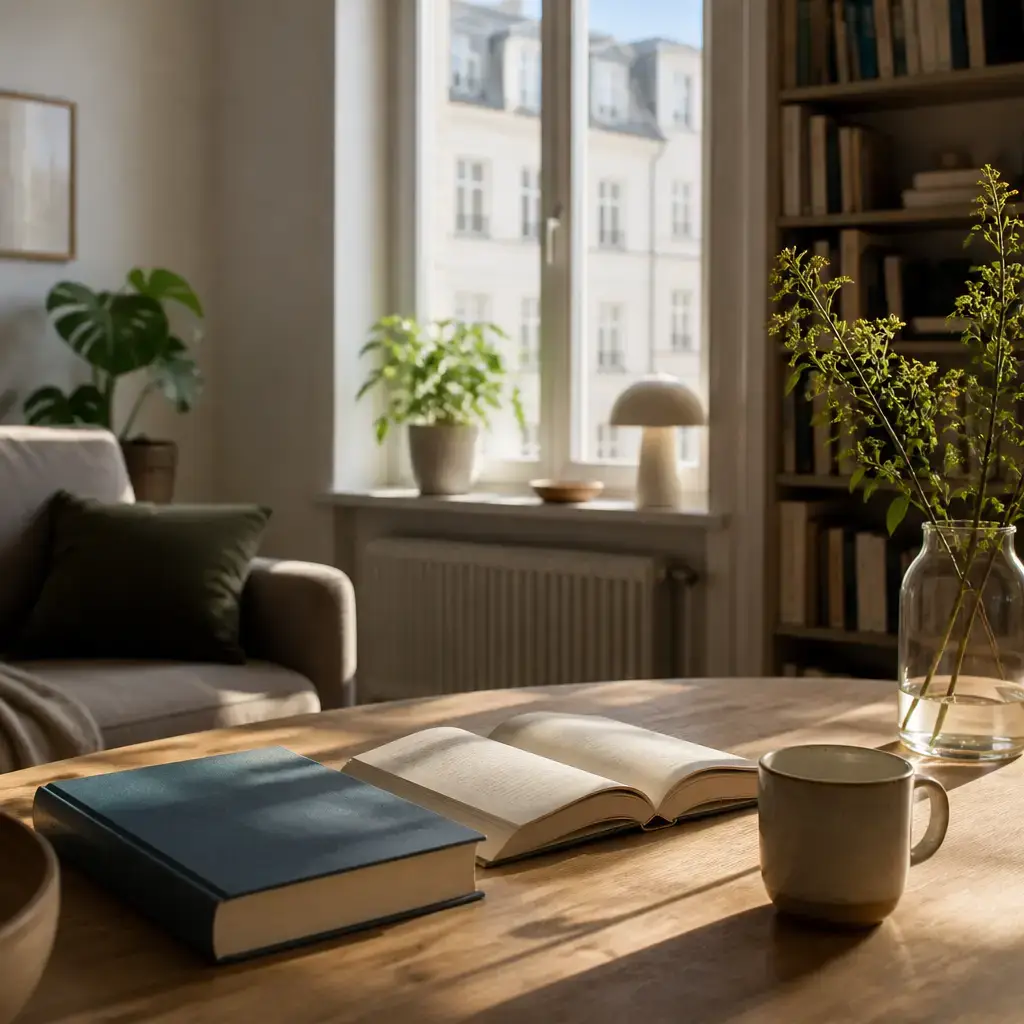 German lesson set in a contemporary Berlin everyday setting: At home, two adults talk about reading a short book in a quiet room..