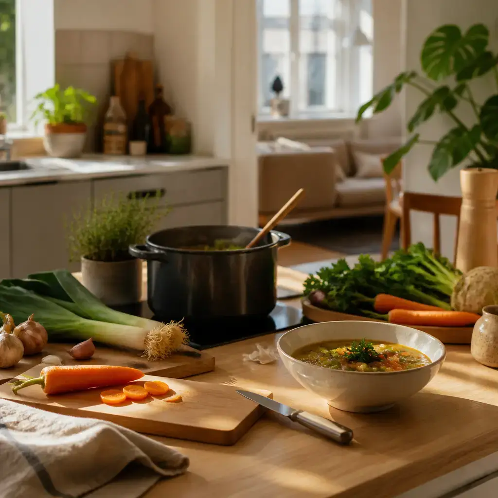 German lesson set in a contemporary Berlin everyday setting: At home, two adults talk about cooking simple soup and sharing it when it is ready..