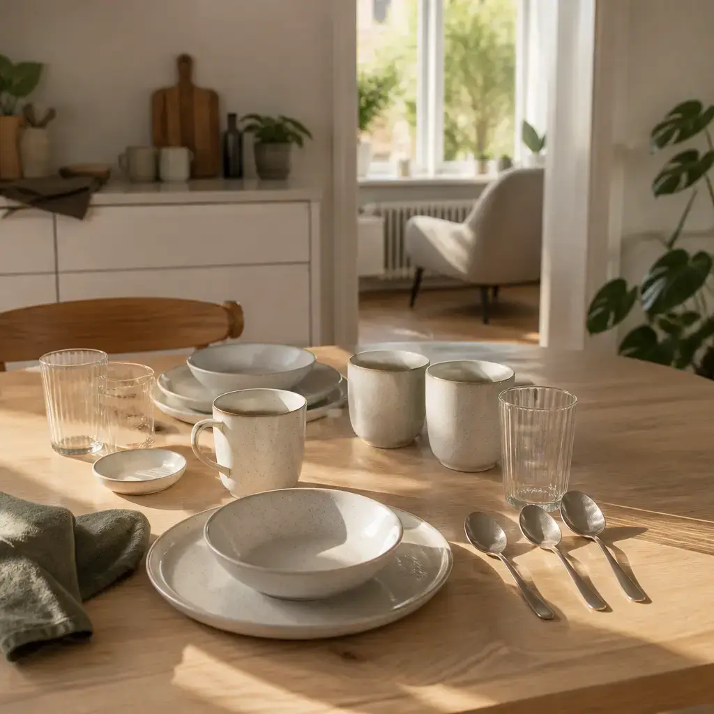 German lesson set in a contemporary Berlin everyday setting: At home, two adults check a list for setting a table and notice that one spoon is still needed..