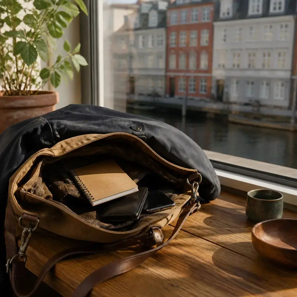 German lesson set in a contemporary Berlin everyday setting: In a daily life setting, two adults check a bag together and find a small notebook under a jacket..