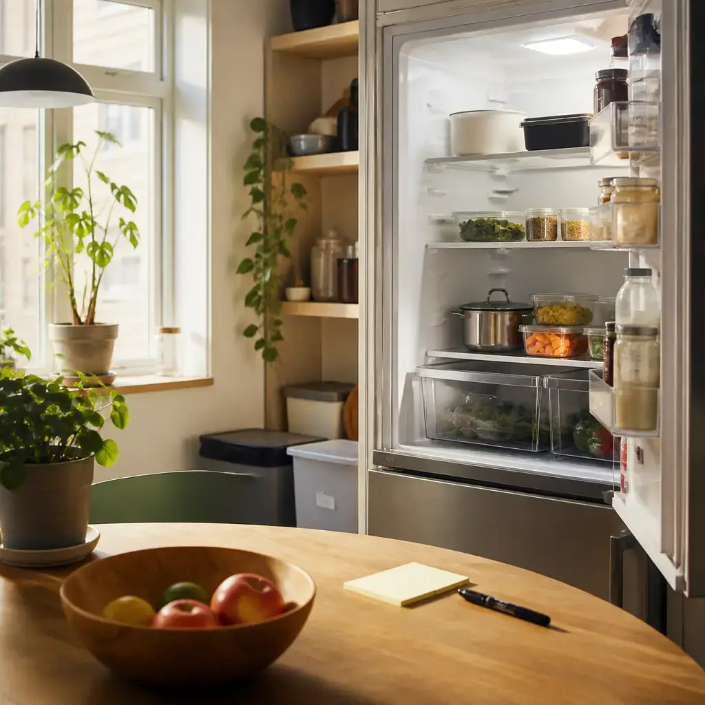 German lesson set in a contemporary Berlin everyday setting: In a shared space, two adults talk about labeling food and using shelf space in a shared fridge..