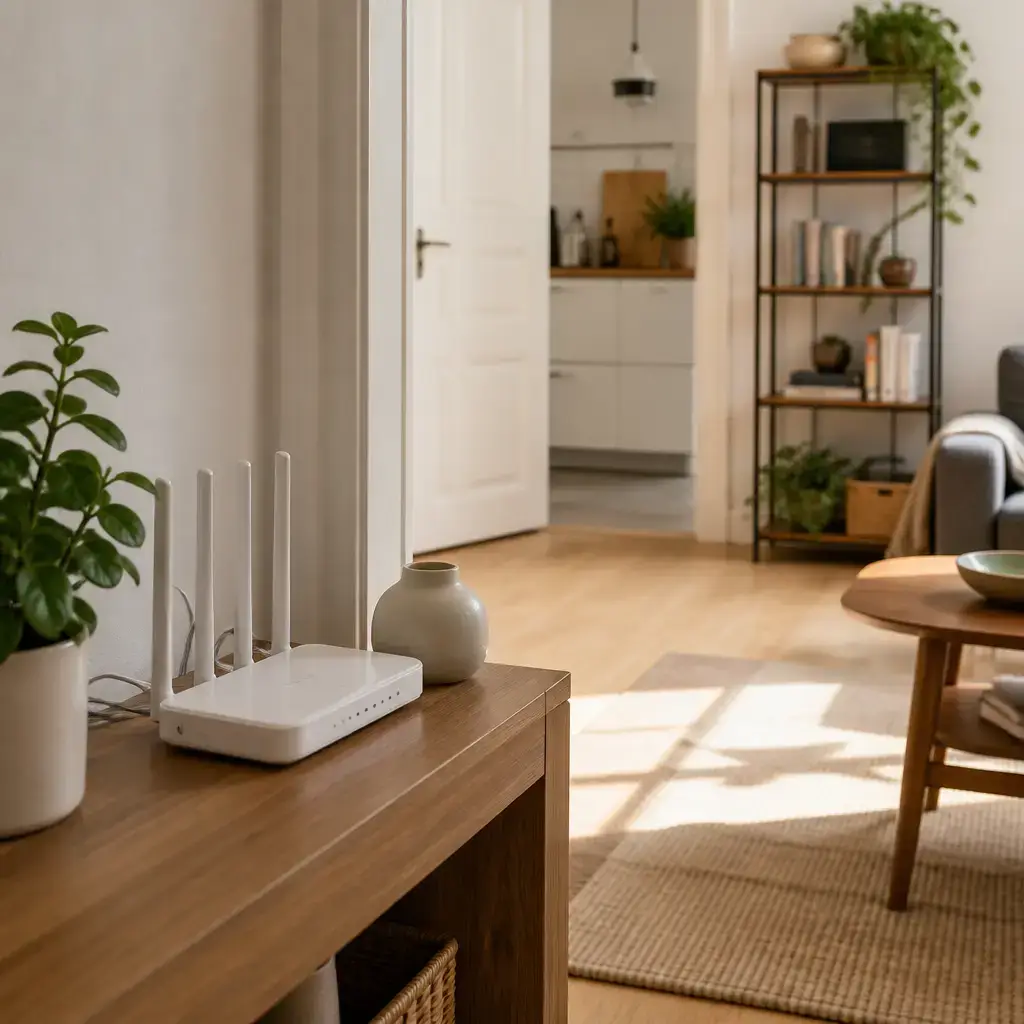 German lesson set in a contemporary Berlin everyday setting: At home, two adults restart a router and discuss moving it to improve a weak internet connection..