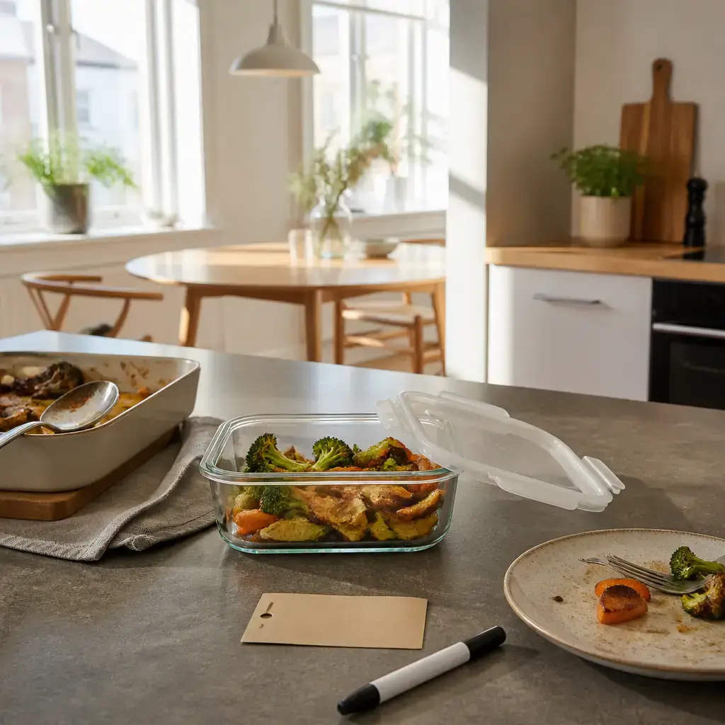 German lesson set in a contemporary Berlin everyday setting: At home after dinner, two adults put leftovers in a container, label them, and keep them for lunch tomorrow..
