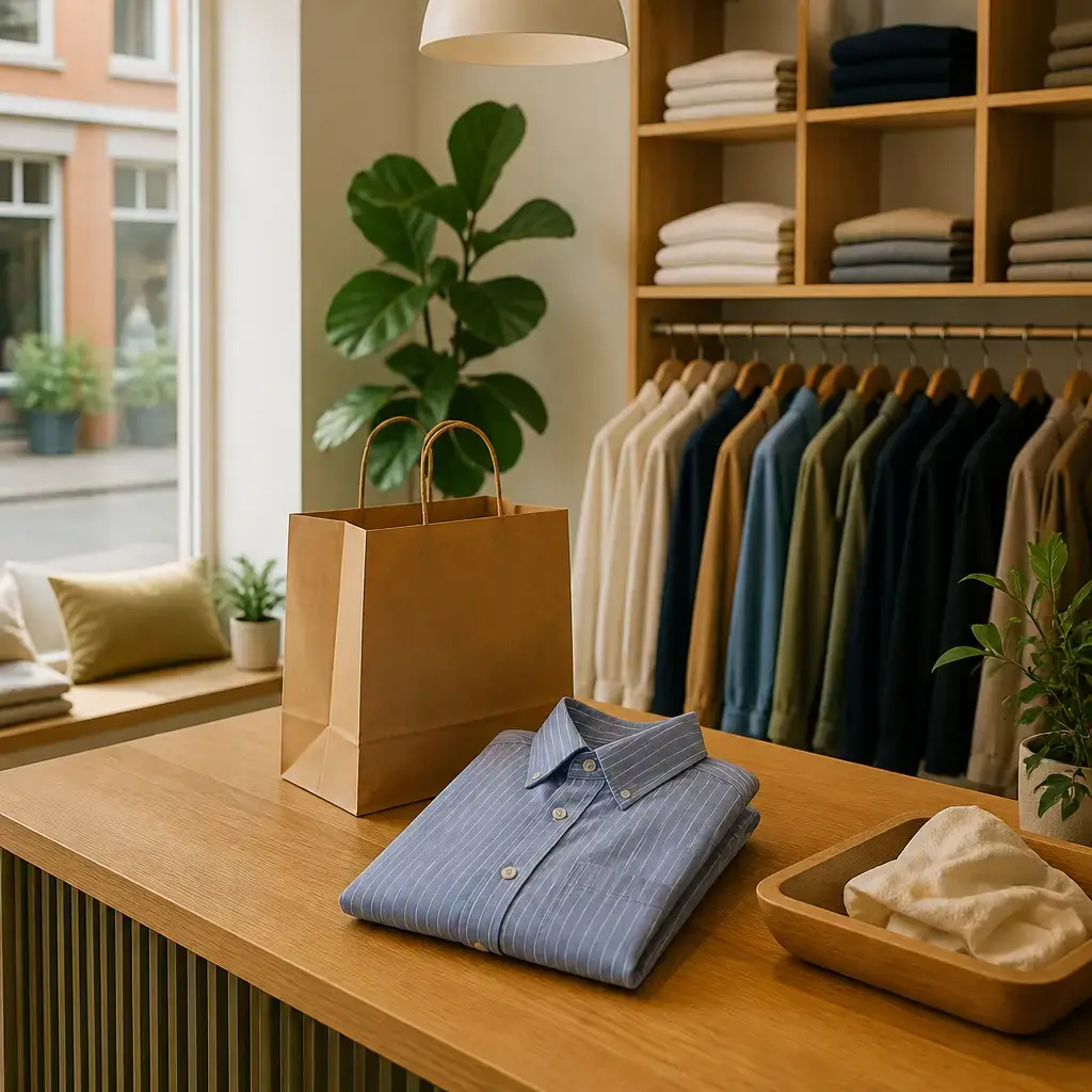 German lesson set in a contemporary Berlin everyday setting: In a clothing shop, a customer asks to exchange an unused shirt for a larger size and asks where to try it on..