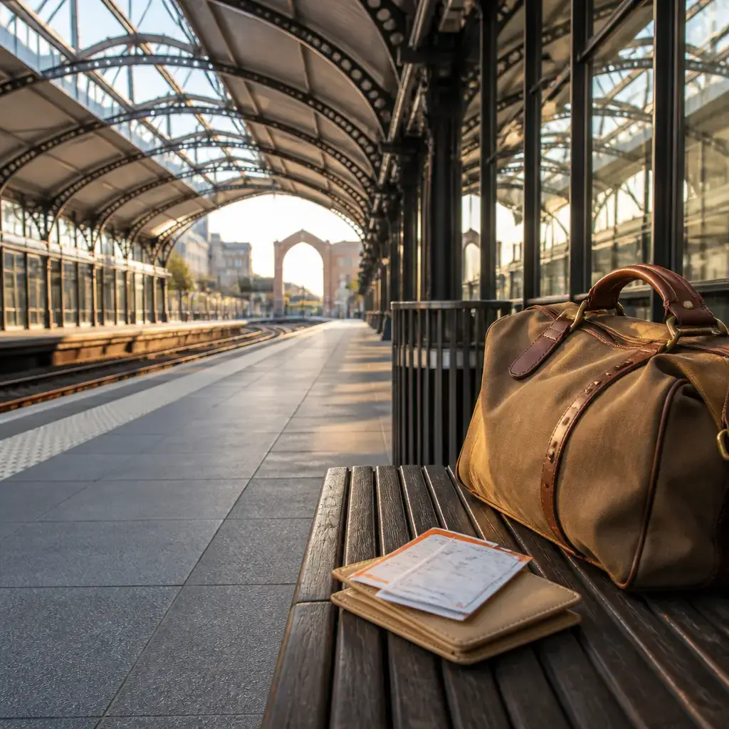 German lesson set in a contemporary Berlin everyday setting: At a train station, two adults respond to a platform change and keep their tickets ready before boarding..